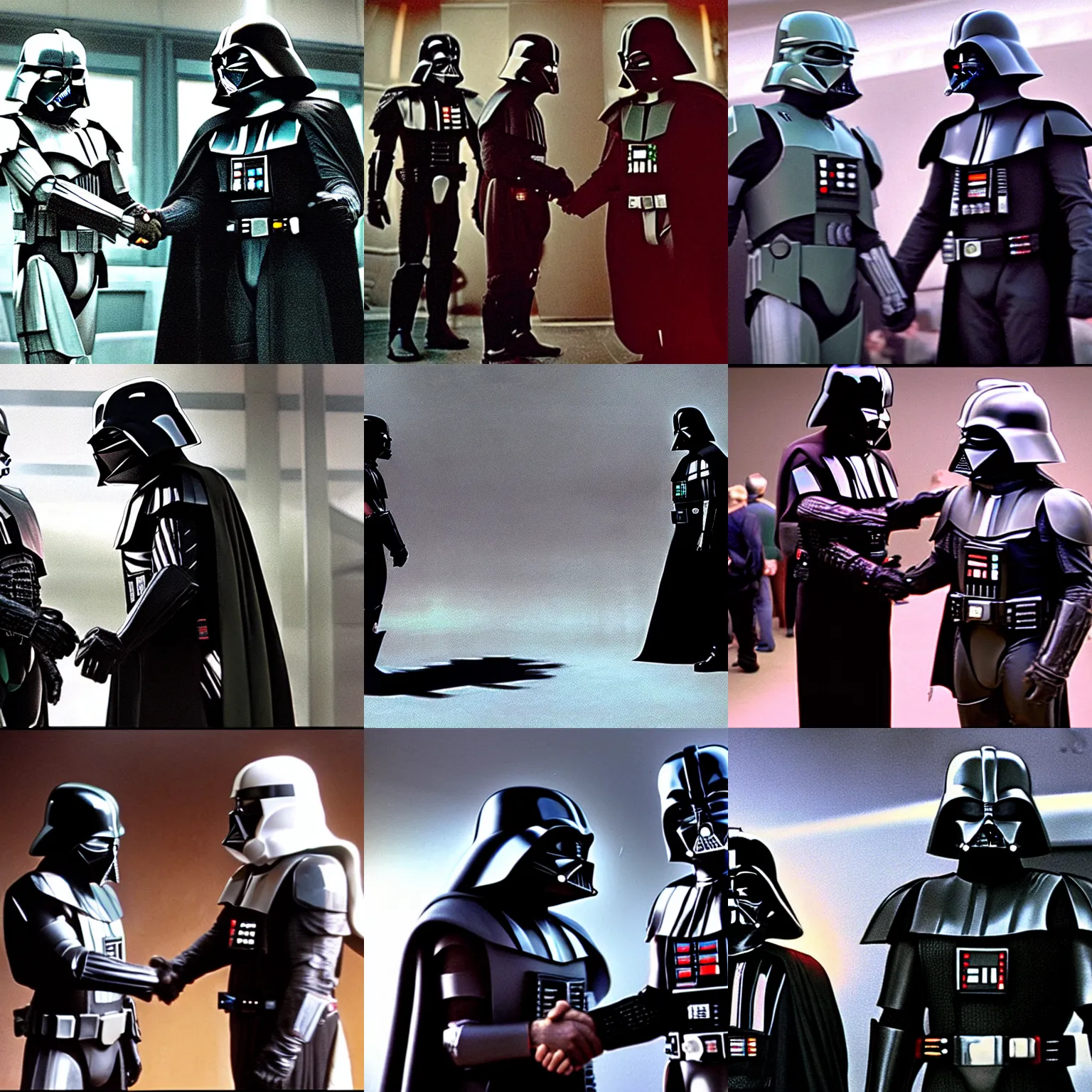 Prompt: master chief shaking hands with darth vader, movie still