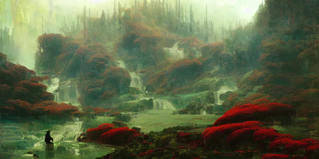 Image similar to beautiful landscape metal forests trees made of metal mountains rivers red and green leaves many layers waterfalls villages castles, buildings artstation illustration sharp focus sunlit vista painted by ruan jia raymond swanland lawrence alma tadema zdzislaw beksinski norman rockwell tom lovell alex malveda greg staples