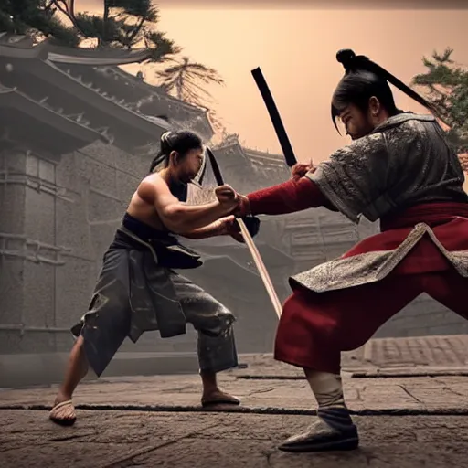 Prompt: an action fight scene between a samurai and a ninja, unreal engine, hyper realistic, high detail, cinematic, magic, japan, temples,
