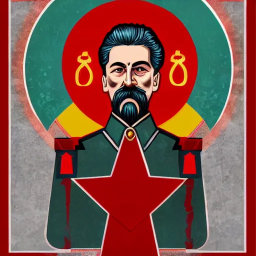 Prompt: stalin on an icon with a halo of blood, scary icon in hellish style, scary color art in 4 k