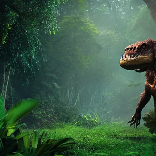 Image similar to tyrannosaurus rex walking through a jungle, atmosperic, dramatic lighting, trending on artstation, a still from pixar movie