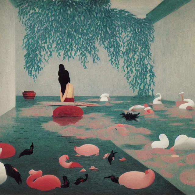 Image similar to painting of flood waters inside an apartment, sensual female emo art student, a river flooding indoors, pomegranates, pigs, ikebana, water, river, rapids, waterfall, black swans, canoe, berries, acrylic on canvas, surrealist, by magritte and monet