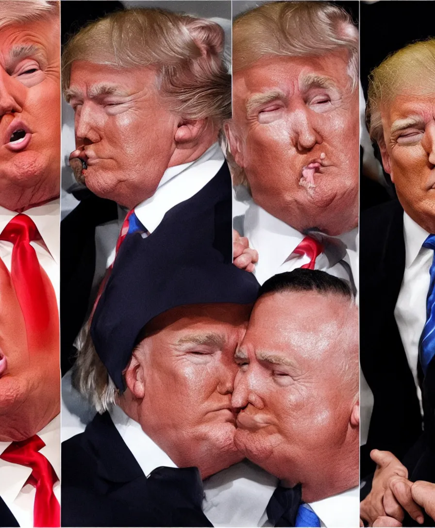 Prompt: photo of two men kissing. on the left is donald trump and the right is donald trump.