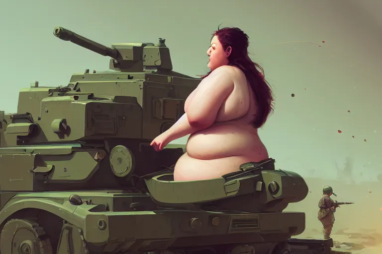 Prompt: obese feminist typing a tweet, battlefield, highly detailed, photoreal, sharp focus, illustration, gross, colorful, trending on artstation, cinematic, artwork by wlop