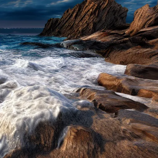 Image similar to waves crashing in on a stony beach, realistic, hdr, clear image, hdd, dynamic lighting,