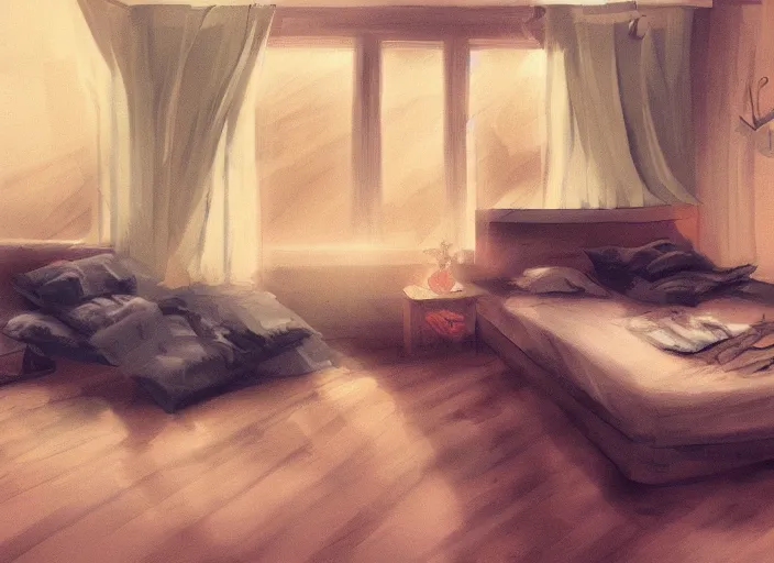 Prompt: placid gloomy dusk messy bedroom trending on pixiv