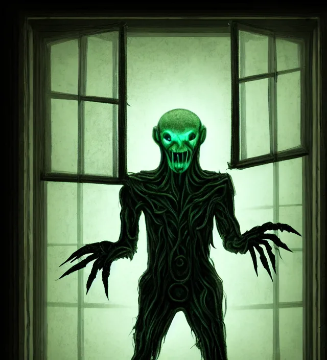 Image similar to a nightmare humanoid ghost monster alien standing in front of a window, volumetric lighting, in the style of stephen king, inspired by lovecraft, inspired by jeffrey smith