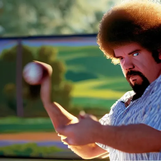 Image similar to a closeup photorealistic photograph of bob ross painting an image of kenny powers pitching a baseball on a canvas. mountains and trees. film still. brightly lit scene. this 4 k hd image is trending on artstation, featured on behance, well - rendered, extra crisp, features intricate detail, epic composition and the style of unreal engine.