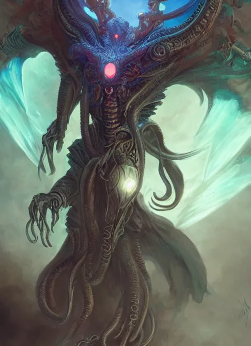 Prompt: cthulhu as a cybernetic angel, digital art by eugene de blaas and ross tran, vibrant color scheme, highly detailed, in the style of romanticism, cinematic, artstation, greg rutkowski