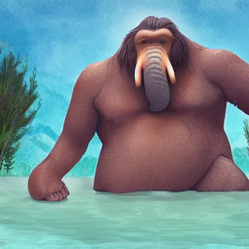 Image similar to big sir is a bigfoot / elephant hybrid monster lounging in an idyllic hot spring