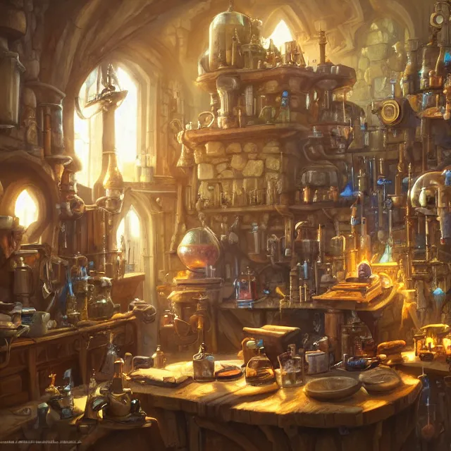 Prompt: a digital painting of a cluttered fantasy medieval alchemist's laboratory by justin gerard, paul bonner, highly detailed, volumetric lighting, digital art, artstation hd