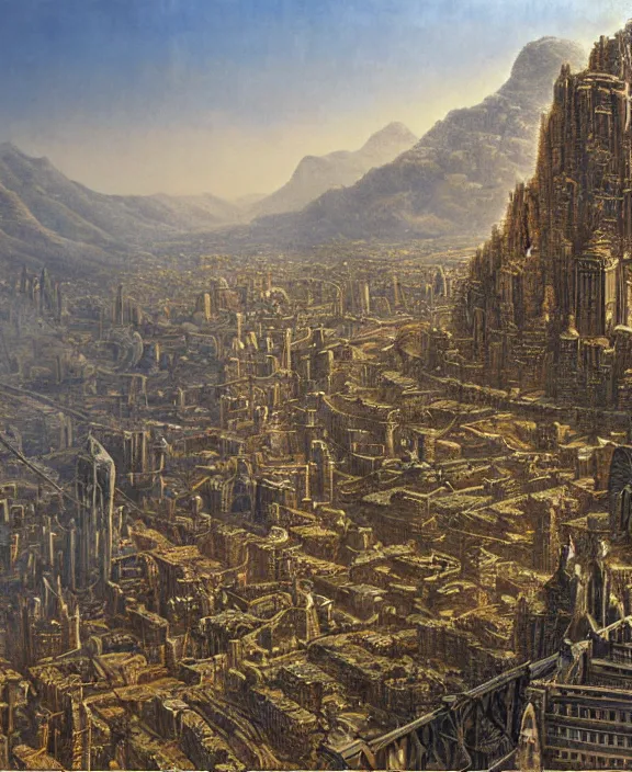 Image similar to a matte painting of a great city carved into the side of a mountain by ted nasmith