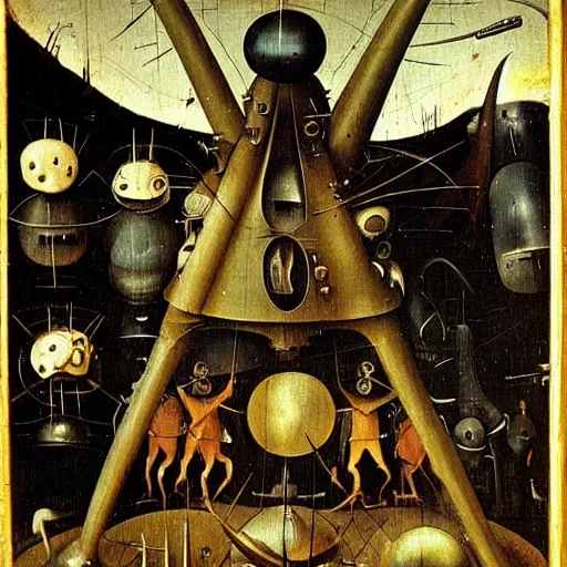 Prompt: aliens performing mechanical repairs on their spaceship, Hieronymus Bosch,