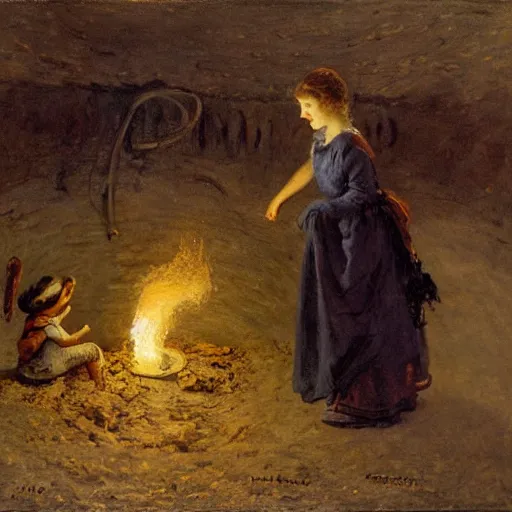 Prompt: girl meeting a flame spirit in a mine, by alfred stevens