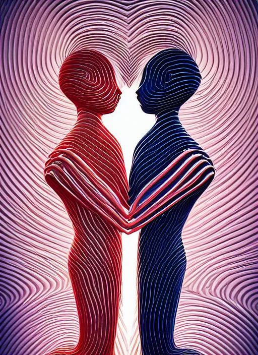 Image similar to style of santiago calatrava, perfectly centered symmetrical balanced male and female portrait of man and woman in love sharing one heart. high coherence ; fractal geometrical cartoon 8 k ultra hd