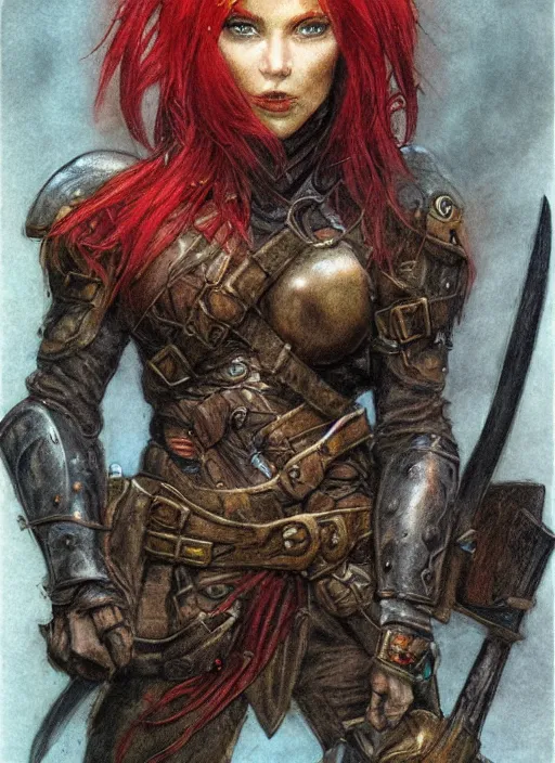 Image similar to portrait of strong female ranger, beautiful! coherent! dungeons and dragons character, by brian froud, strong line, deep color, leather armor, short red hair, high contrast