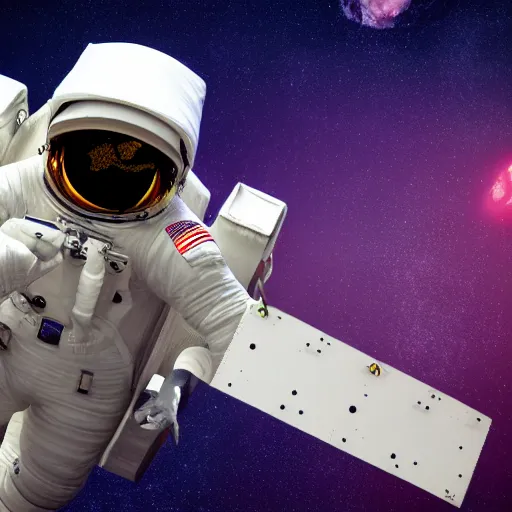 Image similar to 3 d render of an astronaut flying with nothing but space and stars around him,