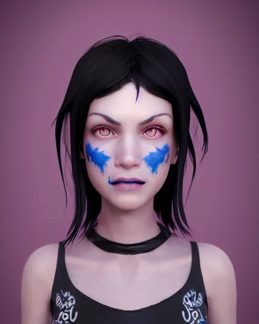 Image similar to teenage witch girl with black hair, blue eyes, sinister smile, octane render 、 unreal engine, behance, james jean