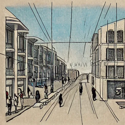 Image similar to drawing of a street in tel aviv with bauhaus buildings in a junction. art