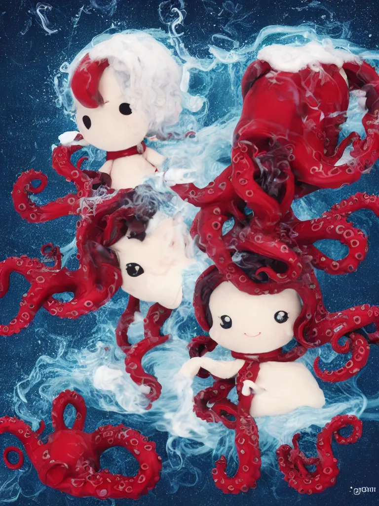 Prompt: cute fumo plush chibi gothic octopus prince boy washing his hair in the waves of the wavering dark galactic abyss, long black and red ruffled intricate uniform with ribbons, ocean wave thunderstorm and reflective splashing water, wisps of smoke and haze and volumetric fog, ocean simulation, vignette, vray