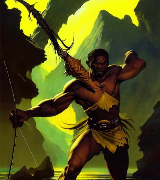 Image similar to magic : the gathering fantasy character concept art by frank frazetta and marco bucci, high resolution. a clear portrait of a 3 0 - year old athletic male jamaican, fisherman, wearing yellow green black calico clothing, magical fishing rod weapon, jamaican ocean flowing in the background, symmetry, fantasy coloring, intricate, 8 k, digital painting, artstation, smooth, sharp focus