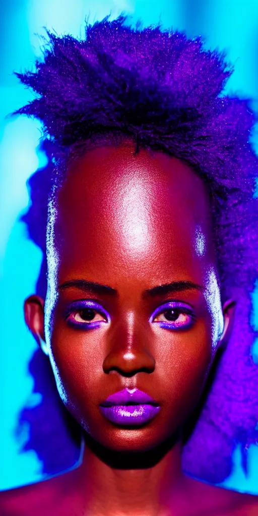 Image similar to hyperrealistic intricate close-up of beautiful african woman with purple hair and pearlescent blue skin james paick machiej kuciara dramatic neon lighting on one side 35mm shallow depth of field