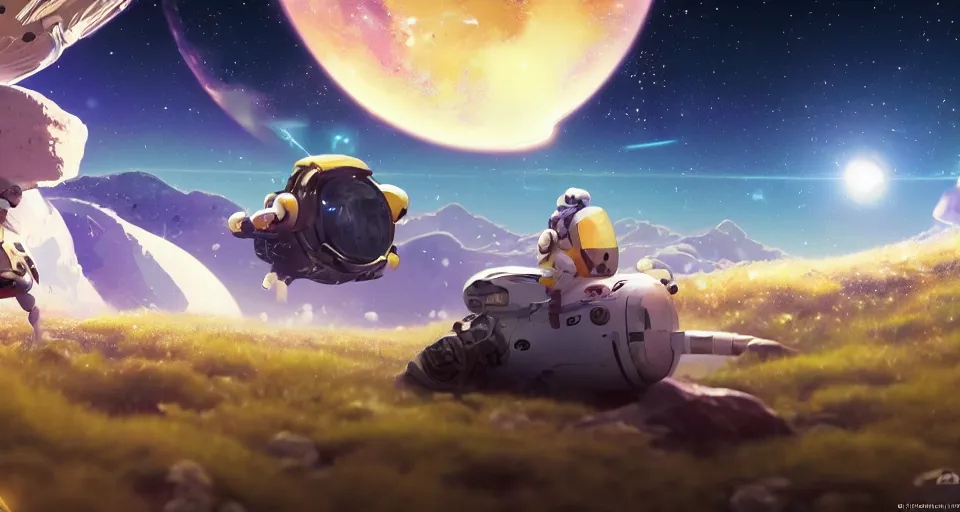 Prompt: astroneer chasing a distant spaceship Anime, wide angle, fine details, cinematic. galaxy starscape. realistic shaded lighting by Ilya Kuvshinov Giuseppe Dangelico Pino and Michael Garmash and Rob Rey greg rutkowski, octane render, IAMAG premiere, aaaa achievement collection, elegant freckles, cinematic hologram, fabulous, daily deviation, 4k, 8k, annual award winner