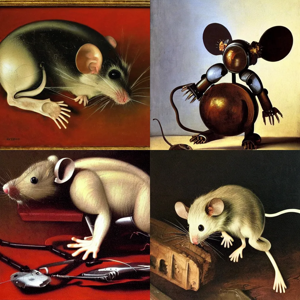 Prompt: a robot mouse, oil painting by caravaggio, renaissance art, oil on canvas, wet - on - wet technique, realistic, intricate textures, matte fantasy painting