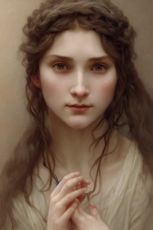 Image similar to Portrait of beautiful pale peasant girl, cinematic lighting, intricate, elegant, highly detailed, digital painting, artstation, smooth, sharp focus, illustration, art by artgerm and greg rutkowski and alphonse mucha and Wayne Barlowe and william-adolphe bouguereau