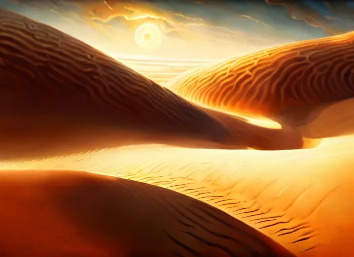 Image similar to giant python dune like desert, hearthstone splash art, deiv calviz, splash art, natural light, elegant, intricate, fantasy, atmospheric lighting, by greg rutkowski, still from denis villeneuves dune, hd wallpaper, ultra high details, cinematic composition, professional master piece made in one year