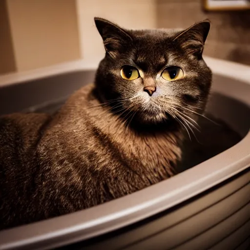 Prompt: photographic portrait by Annie Leibovitz of a cat in a hot tub, closeup, foggy, sepia, moody, dream-like, sigma 85mm f/1.4, 15mm, 35mm, 4k, high resolution, 4k, 8k, hd, full color