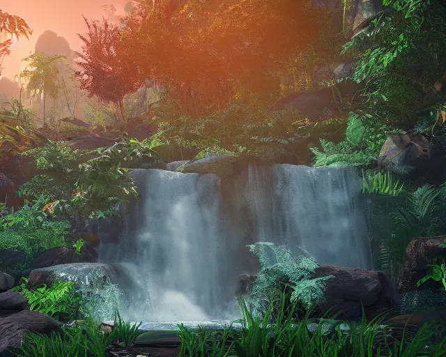 Image similar to beautiful jungle environment, waterfall, high trees, flowers, sunset, mystic, unreal engine 5, global illumination, raytracing, 8 k, hyper realistic, trending on artstation