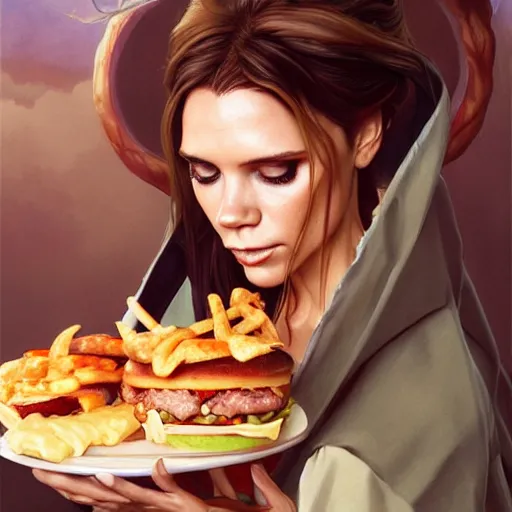 Image similar to Victoria Beckham Eating Big Macs, dripping BBQ Sauce, serving burgers, D&D, fantasy, intricate, elegant, highly detailed, digital painting, artstation, concept art, matte, sharp focus, illustration, hearthstone, art by Artgerm and Greg Rutkowski and Alphonse Mucha