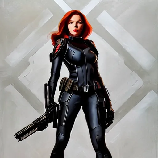 Image similar to greg manchess portrait painting of armored natasha romanova aka black widow as overwatch character, medium shot, asymmetrical, profile picture, organic painting, sunny day, matte painting, bold shapes, hard edges, street art, trending on artstation, by huang guangjian and gil elvgren and sachin teng