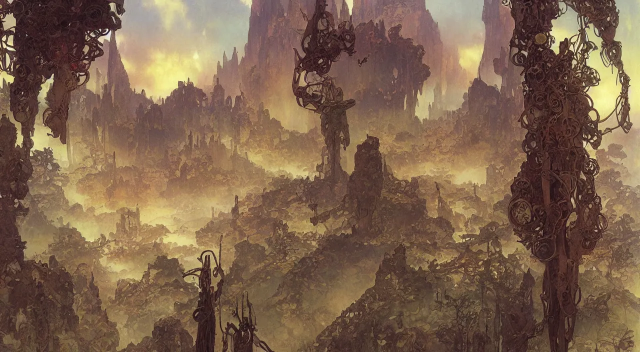 Image similar to A beautiful landscape painting of dystopian future by Alfons Maria Mucha and Yoshitaka Amano and ted nasmith