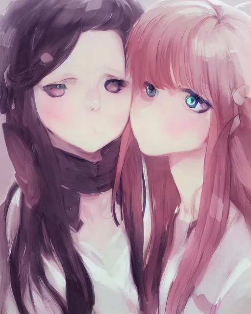 Image similar to portrait of two girls kissing, anime, drawn by WLOP, trending on Artstation