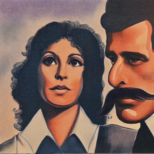 Prompt: a 7 0 s double page spread of a woman looking up at a man. the man has a moustache and the woman is called carmen and the caption how did i manage without carmen before. colour hi - def