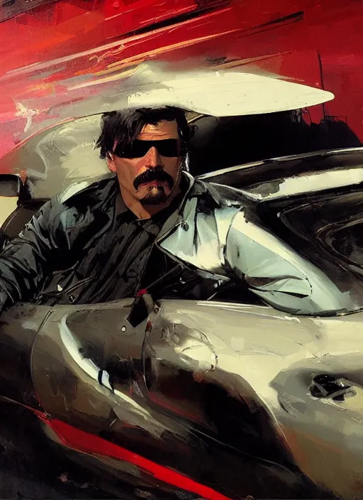 Image similar to dr. disrespect, driving car, reckless, painting by phil hale, fransico goya,'action lines '!!!, graphic style, visible brushstrokes, motion blur, blurry, visible paint texture, crisp hd image