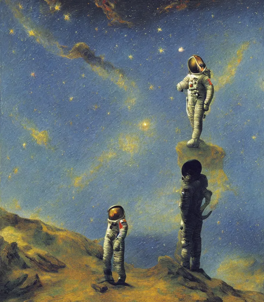 Prompt: an impasto oil painting of an astronaut gazing into a the universe painted by caspar david friedrich, galaxy, impressionism