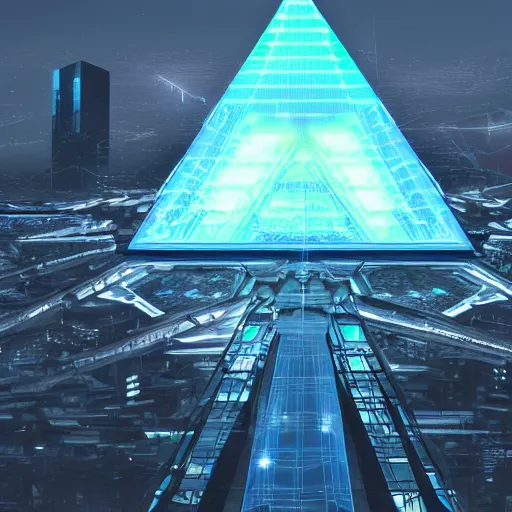 Image similar to a hyper realistic picture of a cyberpunk pyramid with multiple lights coming out of it