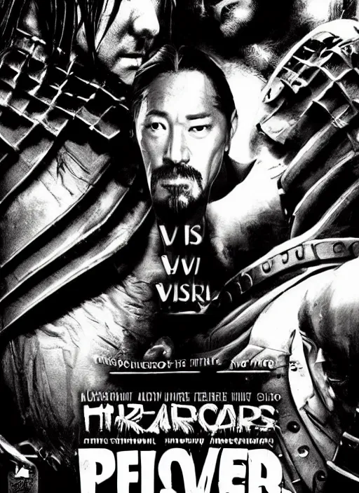 Image similar to movie film poster art for hiroyuki sanada vs predator. in the style of ansel adams, frank frazzetta, warcraft