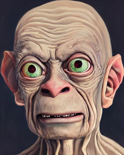 Prompt: A high-quality portrait of Gollum, oil on canvas, trending on artstation, bokeh, 90mm, f/1.4