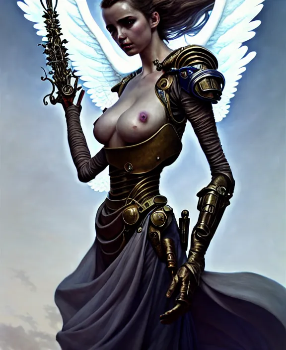 Prompt: beautiful fantasy character portrait, ana de armas, ultra realistic, wide angle, intricate details, the fifth element artifacts, highly detailed by peter mohrbacher, hajime sorayama, wayne barlowe, boris vallejo, paolo eleuteri serpieri, dishonored 2, white gown, angel wings