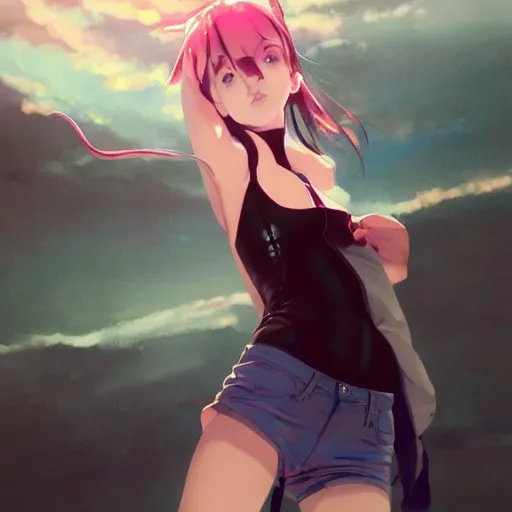 Image similar to a beautiful boyish natalie portman gravure model, wearing oversized pink suspender pants and transparent jet flight backpack, inflatable future shoes, future locomotive style, future inflatable jacket, trending on pixiv fanbox, painted by greg rutkowski makoto shinkai takashi takeuchi studio ghibli, akihiko yoshida