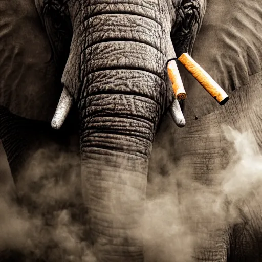 Prompt: ultra realistic photography, picture of ( subject : an elephant blowing smoke ). the scene is set in a gentlemens cigar lounge, a very smokey atmosphere, small thick clouds of cigar smoke, artstation, focus on the elephant, anatomically correct elephant features, extremely detailed and crisply sharp photo, hyperrealistic smoke, canon eos, 4 k