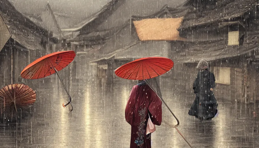 Image similar to old lady with her umbrella in rustic japanese village, raining, paint by hiromu arakawa, hyperdetailed, artstation, cgsociety, 8 k