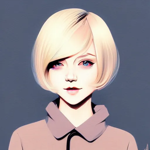 Image similar to urban girl fanart, blond bob haircut, muted colors, matte print, pastel colors, ornate, digital art, cute smile, digital painting, fan art, elegant, pixiv, by ilya kuvshinov