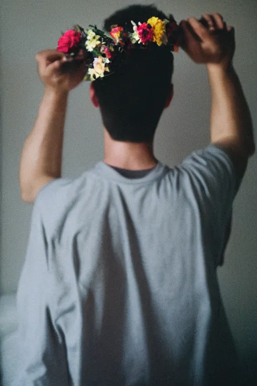 Prompt: kodak portra 4 0 0 photograph of a guy wearing a flower crown in a cluttered messy 9 0 s bedroom, back view, lens flare, moody lighting, moody vibe, telephoto, 9 0 s vibe, blurry background, grain, tranquil, calm, faded!,