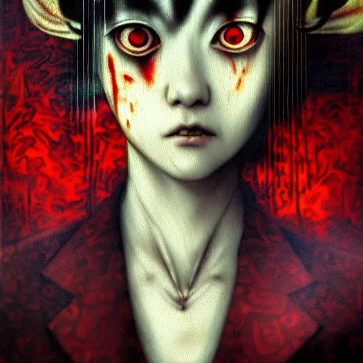 Image similar to yoshitaka amano blurred and dreamy realistic three quarter angle horror portrait of a sinister young woman with short hair, horns and red eyes wearing office suit with tie, junji ito abstract patterns in the background, satoshi kon anime, noisy film grain effect, highly detailed, renaissance oil painting, weird portrait angle, blurred lost edges