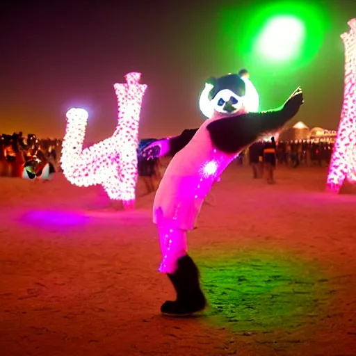 Image similar to a panda wearing led - lined clothing dancing at night on a busy playa at burning man